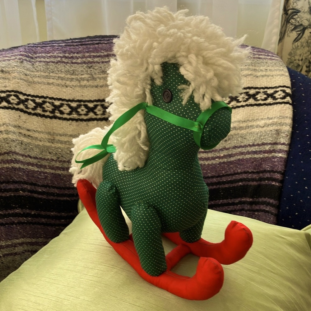 VINTAGE HOBBYHORSE HANDCRAFTED GREEN DOTTED SWISS WHITE MANE RED ROCKERS 12”tall